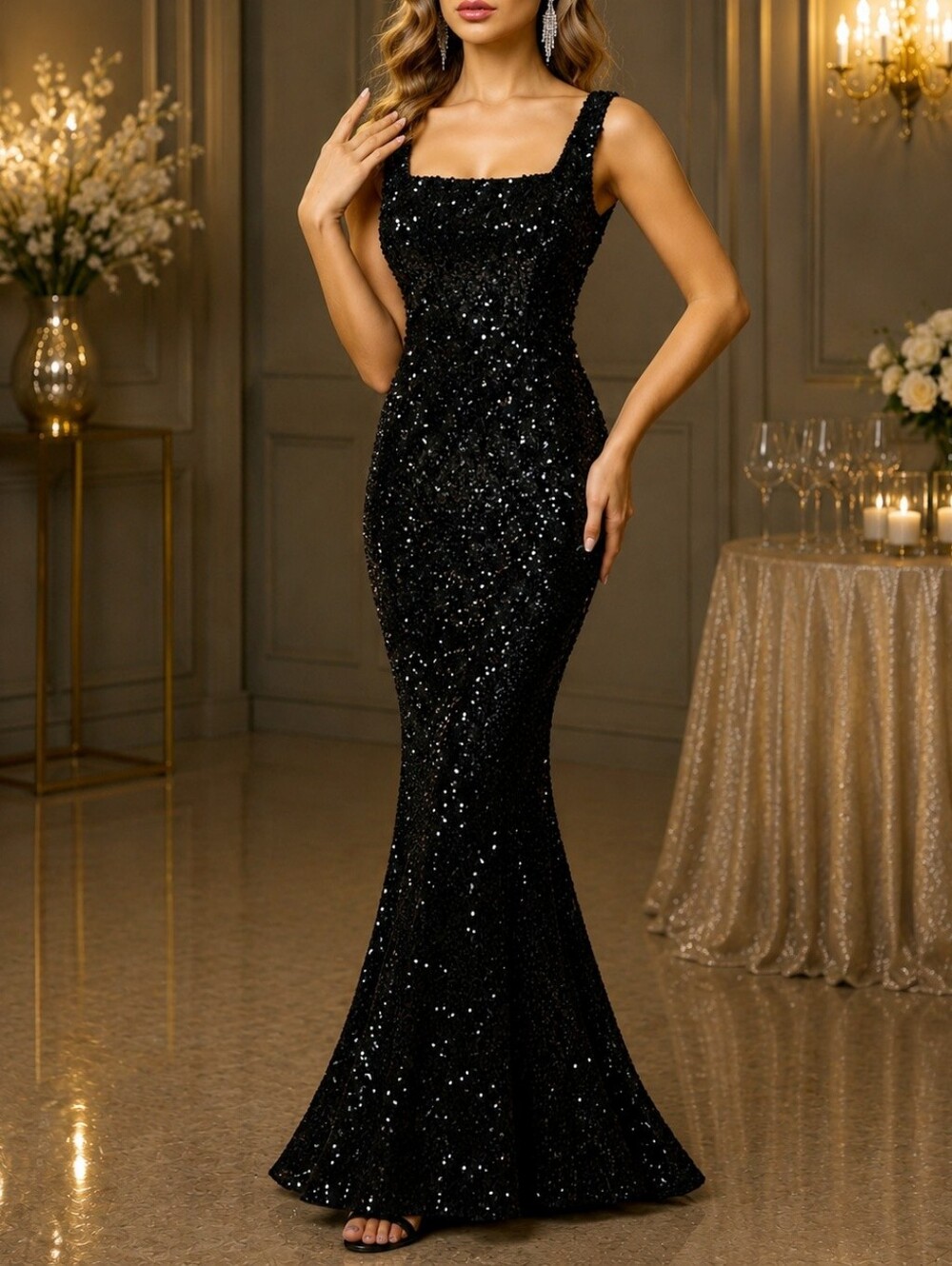 New Glam Sequin Velvet Bodycon Mermaid Train Gown Dress Formal Black
